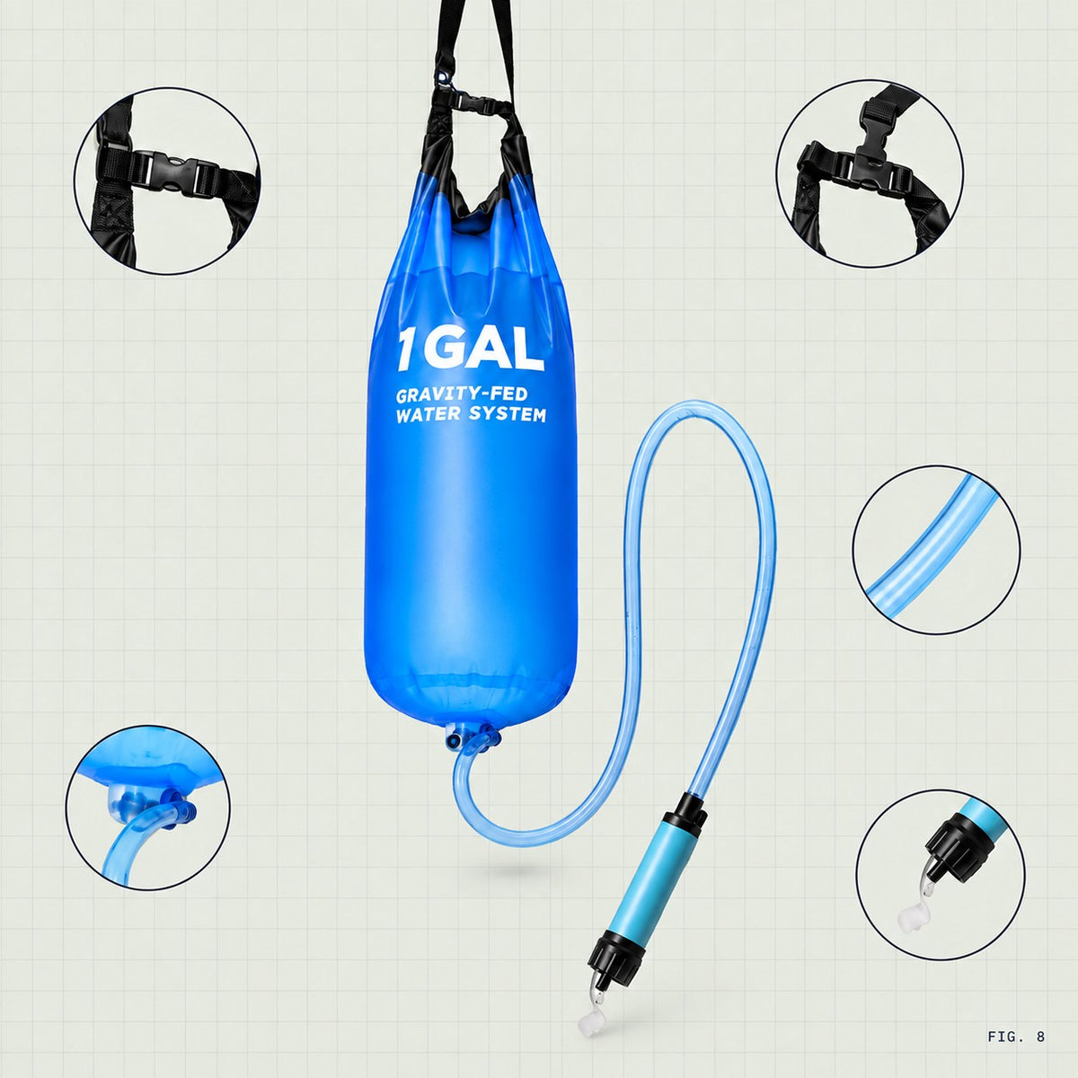 Gravity water filter kit with detail views